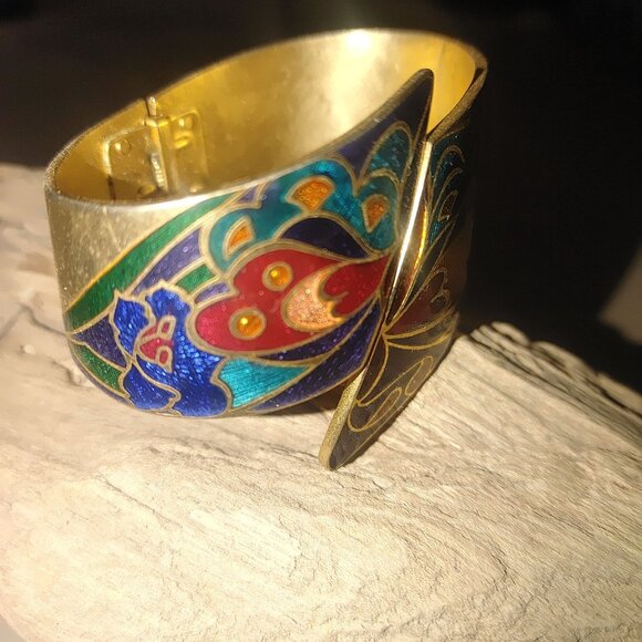 Vintage Hinged Cloisonné Butterfly Bracelet Gold Tone Enamel Bold Design Jewelry - Picture 3 of 10
